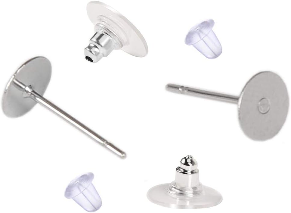 100 Pieces Stainless Steel Earrings Posts Flat Pad,100 Pieces Bullet Clutch Earring Backs with Pad,100 Pieces Clear Bullet Earring Backs,Total 300 Pieces (5mm)