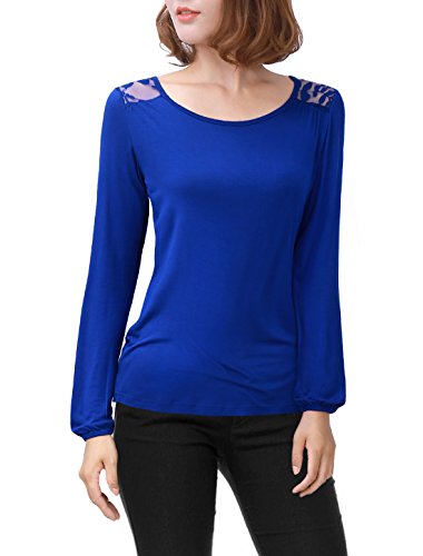 Allegra K Women's Lace Panel Long Sleeves Scoop Neck Slipover Casual Top Blue M