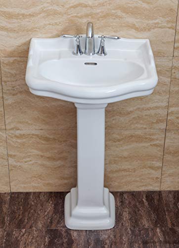Fine Fixtures, Roosevelt White Pedestal Sink - 22 Inch Vitreous China Ceramic Material (4 Inch Faucet Spread Hole) - Thumbnail 5
