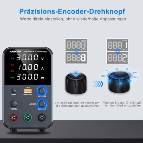 Laboratory Power Supply Unit, 0-30 V, 0-10 A, DC Adjustable Power Supply with 4-Digit LED Display, Encoder Adjustment Knob and Output Switch