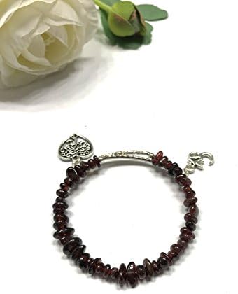 Natural Chipped Garnet Bracelet. Bangle Style. Memory Wire Easy Slip on. Ohm and Tree of Life Charms. Meditation Charms. Adjustable. Vintage Style. Chakra Flow.