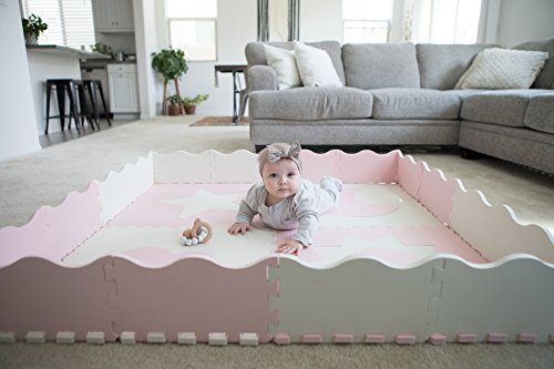 Foam Baby Play Mat Tiles with Fence- 61" x 61" Non Toxic Baby Floor Mat | Extra Large Play Mats for Infants, Toddlers & Kids | Pink & White Foam Play Mat - Thumbnail 5
