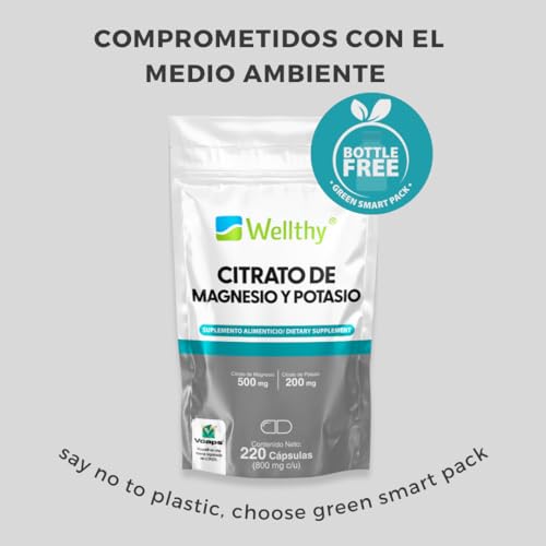 Wellthy Citrato de Magnesio y Potasio 220 Cápsulas. Tomar Sólo una Cápsula al día, Excelente fuente de Potasio y Magnesio, Cápsula Vegana, Bottle Free.