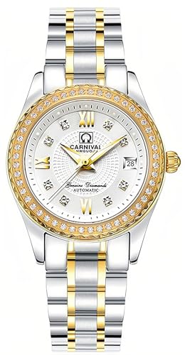 Gosasa Automatic Watch Fashion Women's Analog Watches Stainless Steel Link Waterproof Ladies Luxury Dress Watch, Silver & White, Automatic Watch