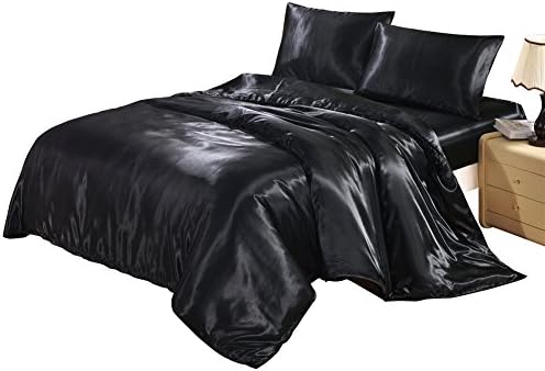 Yovoro Home 4pc Soft Silky Satin Solid Color Bedding Set Include 1 Duvet Cover 1 Fitted Sheet and 2 Pillowcases King Size Black