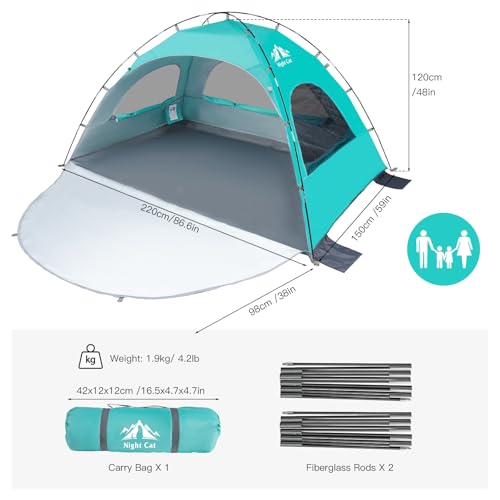 Night Cat Beach Tent Portable Camping Sun Shade Shelter for 2-4 Persons with UV Protection 3 Breathable Mesh Windows Extended Tent Floor Easy Set Up Outdoor