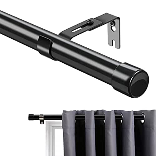 Curtain Pole, 76-395 cm, Adjustable Rod With Round Stainless Steel Finials for Windows, Decorative Single Rod for Kitchen, Bedroom - Black