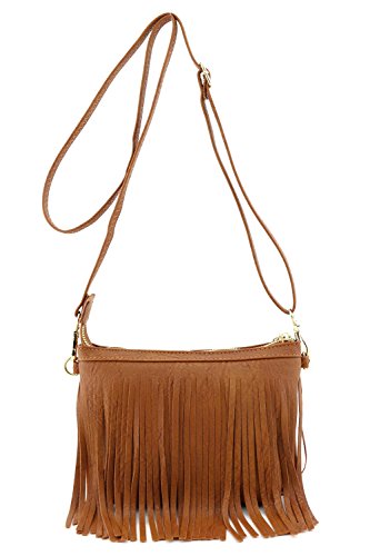 Small Fringe Crossbody Bag with Wrist Strap Tan