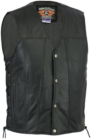 Bikers Gear Australia Premium 1.3mm Soft Cowhide Harley Style Leather Vest with Adjustable Lace Sides and Pockets, Black, Size 4XL