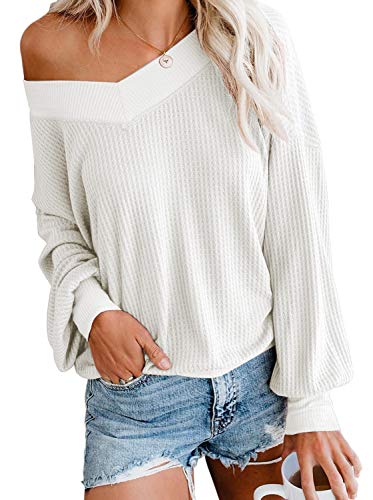 Women's Casual V Neck Long Sleeve Waffle Knit Off Shoulder Top Loose Pullover Sweater White XX-Large