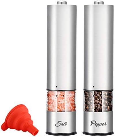 Electric Salt and Pepper Grinder Set | Battery Operated Automatic One Handed Salt Pepper Mill, Ceramic Grinders with lights and Adjustable Coarseness