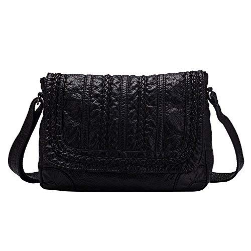 Borse a tracolla da donna in pelle Borse a tracolla casual lavato in PU per ragazze-Nero-1