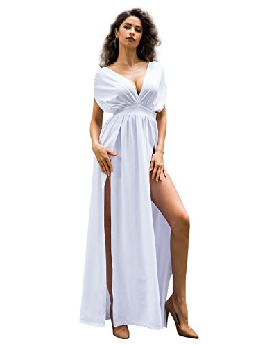 Maketina Womens Sexy Deep V Neck Backless High Slit Flowy Long Evening Dress White M