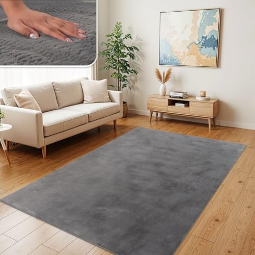 TT Home Wohnzimmer Teppich Hochflor Langflor Kunstfell Weich Modern Unifarben Flauschig, Farbe: Anthrazit, Größe:240x340 cm