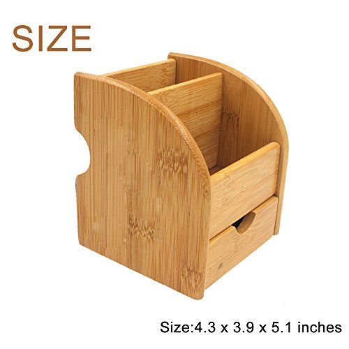 TV Remote Control Holder Caddy, Bamboo Desktop Office Supplies Storage Box Organizer With 2 Compartments 1 Drawer (Natural Bamboo) - Thumbnail 7