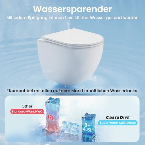 Casta Diva Suspended WC without Rinsing Edge, 360° Superspin Wall Toilet, UF Bowl, Completely Closed, Silent Soft-Close Seat, Dimensions 48.5 cm, Ideal for Bathroom and Guest Toilet