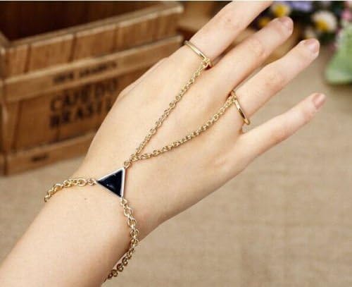 wanmanee Retro Elegant Tassels Chain Link Ring Cuff Triangle Bracelet Hand Harness 1PC