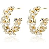 JDONL Crystal Flower Pearl C Shape Hoop Earrings for Women Statement Rhinestone Floral Clover Open Stud Earrings Wedding Birthday Jewelry