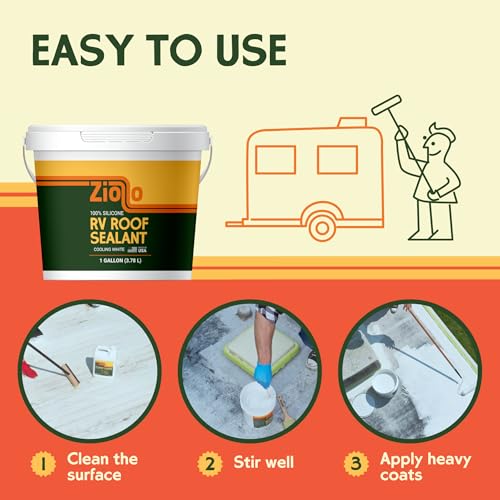 Ziollo RV Roof Sealant - Leak Repair 100% Silicone Liquid Rubber - Premium Waterproof Coating for Campers, Pop Up, Motorhomes, and Travel Trailers - Easy DIY Application - White 4 Gallons