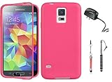 Samsung Galaxy S5 TPU Skin Phone Protective Case With Screen Protector Window Cover And Travel Charger Two Crystal Stylus Pen (Pink)