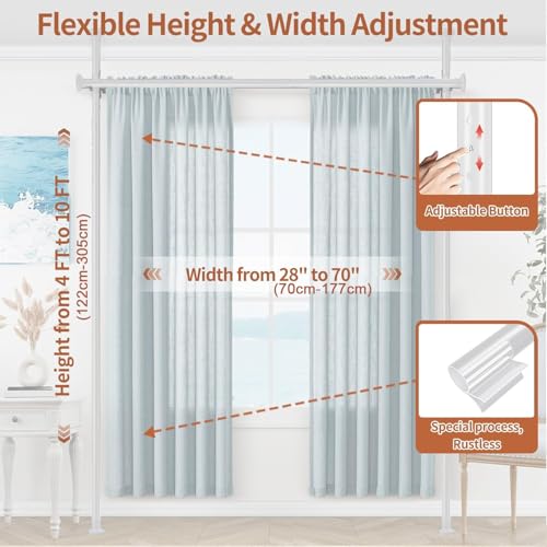 Dsocool Room Divider Curtain Rod, No Drilling Room Separator for Space Partition Adjustable 122-305cm(H) 70-177cm(W) Heavy Duty Temporary Wall Divider Floor to Ceiling Tension Rod, White