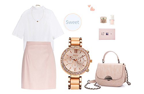 Oumosi Women\'s Swarovski Crystal Accented Gold-Tone and Pink Bracelet Wrist Watch