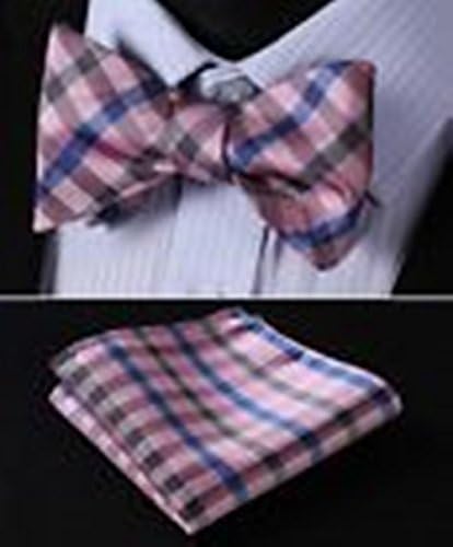 Mondaily DL327K Pink DLue Check Men Woven Silk Self Bow Tie Pocket Square Set #PPTE4473