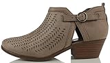 Soda Women's Cage Faux Suede Tiny Dash Perforations Western Cutout Side Low Stacked Heel Ankle Bootie