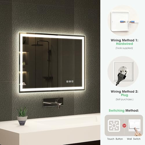S'bagno Bluetooth Bathroom Mirror with Lighting 70 x 50 cm LED with Demister 3000K 6500K Dimmable Memory HD Tempered Glass IP44 with LED Horizontal/Vertical