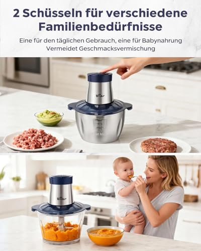Bear 2L + 1.8L Meat Grinder Electric Chopper Glass + Stainless Steel, 600 W 2 Speed, Chopper with 4 Stainless Steel Blades and Meat Grinder, Chopper for Meat, Baby Food, Fruit, Vegetables