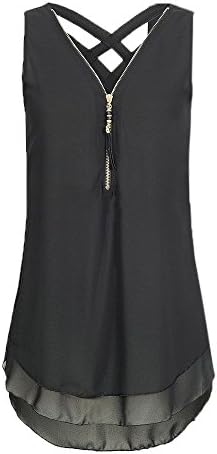 Qisc Womens Tops Women Casual Summer Chiffon Blouse V Neck Sleeveless Top Shirts with Zipper (M, Black)