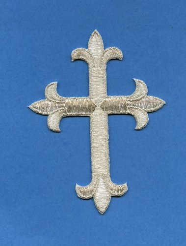 Cross - 4" - Metallic Silver - Fleur de lis - Religious - Iron on Applique/Embroidered Patch