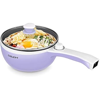 Dezin Electric Hot Pot Upgraded, Non-Stick Sauté Pan, Rapid Noodles Cooker, 1.5L Mini Pot for Steak, Egg, Fried Rice, Ramen, Oatmeal, Soup with Temperature Control, Purple (Egg Rack Included)