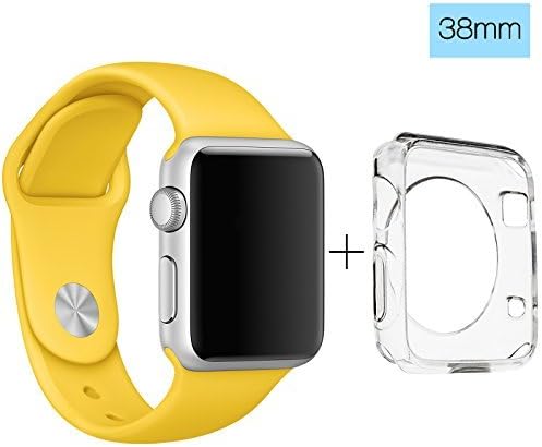ClockChoice Silicone Watch Band Sport Replacement Kit for 38mm Series 1, 2 &amp; 3 Smartwatch, YELLOW, Bonus Case Included, No adapter needed, Includes 3 Pieces, for 2 Lengths, For Women and Men Use