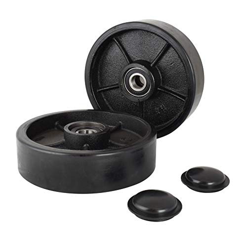 Pallet Jack/Truck Full Set Black with Back Axle, Steering Wheels 7"x 2" Pair, Front Load Roller 3" x 3.75" Pair with Bearings ID 20mm Poly Tread Black with Entry Exit Roller and Protective Caps