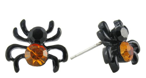Halloween Mini Spider Stud Earrings in Black &amp; Orange Crystal Rhinestones