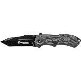 Smith &amp; Wesson Black Ops Silver Handle Folding Knife with Pocket Clip, Aluminum Handle, 3.4" Blade, Stainless Steel Blade, For Tactical, Survival, Outdoors, and Everyday Carry