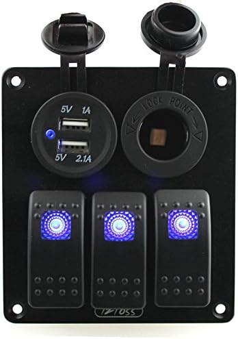 Ambuker 3 Gang Blue Rocker Switch Panel with Power Socket & 3.1A Dual USB with Decal Sticker Labels DC12V-24V for Car Marine Boat Trailer Rv Vehicles Truck