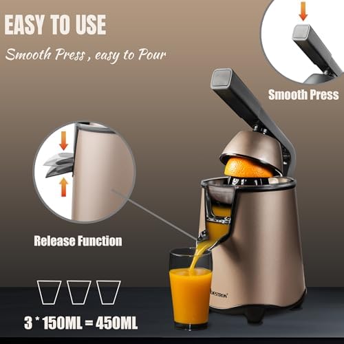 Presse-agrumes électrique, presse-oranges avec fonction d'arrêt de bec et tamis à pulpe en acier inoxydable, avec 2 cônes de pressage de 450 ml de capacité, poignée souple pour une utilisation
