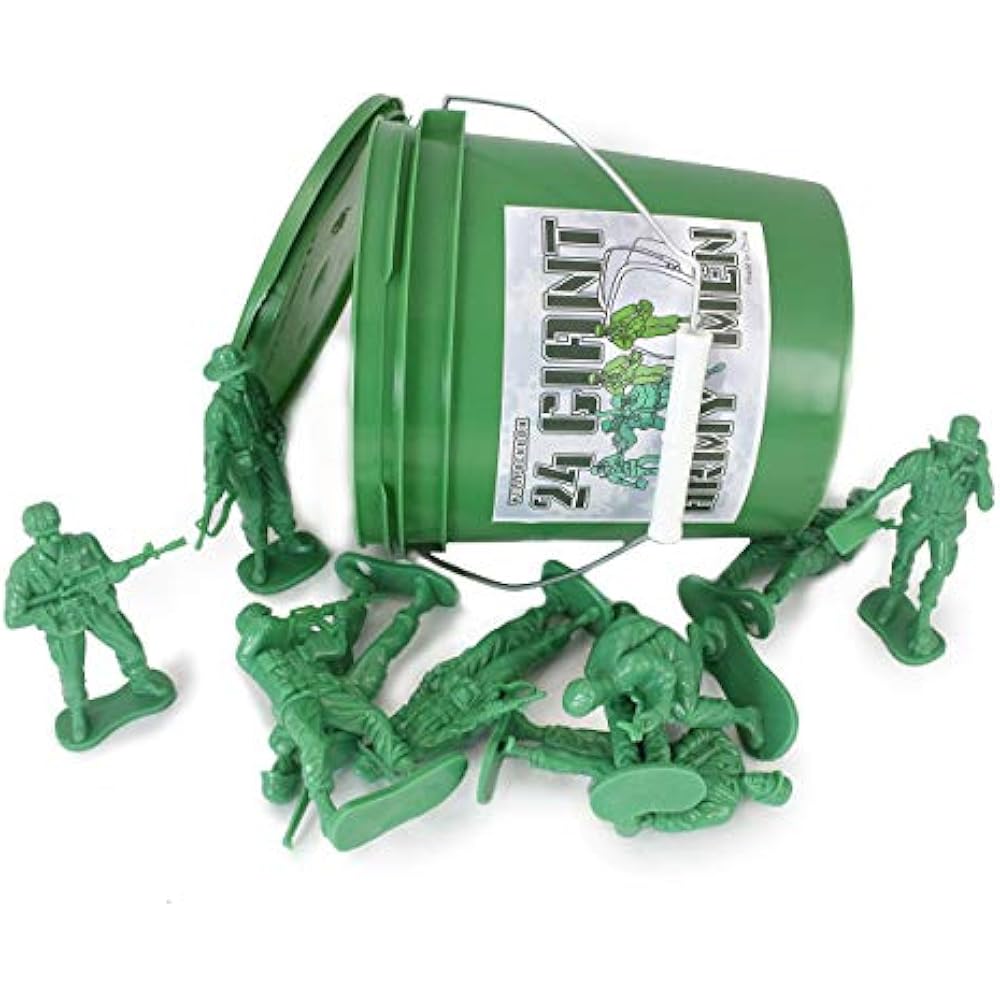 Green Bucket Of 24 Giant Army Men Tall Action Figures Soldiers Perfect