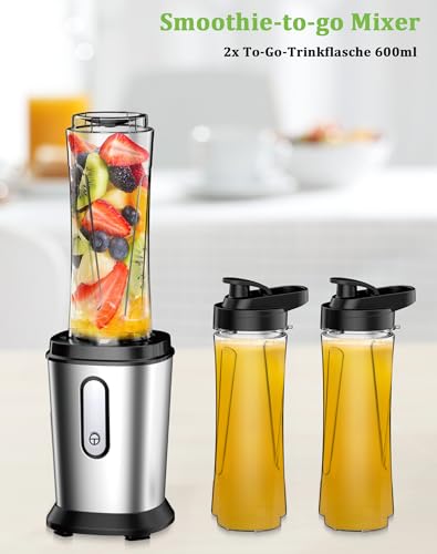 Mixer, 500 W Mini Stand Mixer & Smoothie Maker with 2 x 600 ml Bottles, BPA-Free Tritan, Portable Mixer Smoothie Maker Made of Stainless Steel, 4 Sheets for Shake, Smoothie, Silver and Black