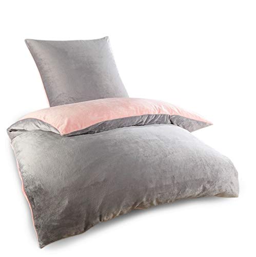 WOMETO Bettwäsche Cashmere Touch in grau-rosa ca. 135x200 cm, Wendeoptik, Hochflor-Flausch, warm & flauschig