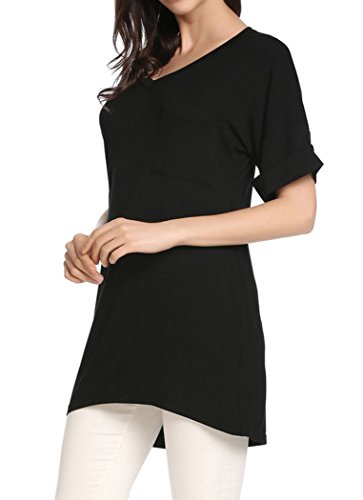 Locryz Women's Casual Basic V Neck T-Shirt Roll Over Short Sleeve Solid Comfy Tee Blouse Tops(L, Black)