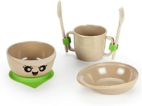 Cutest Ever Eco-Friendly Dinner Ware for Babies and Toddlers. Made with Rice Husks and No Plastic. (plate, bowl, cup, spoon, fork and non slip mat)