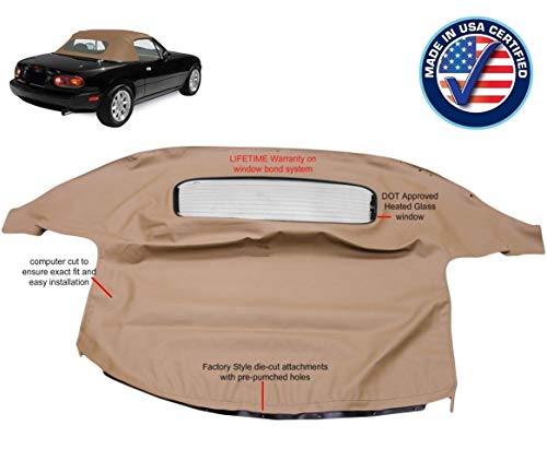 Mazda Miata Convertible Top 1990-2005 One-Piece Non-Zippered Heated Glass Window in Cabrio Vinyl (Light Tan)