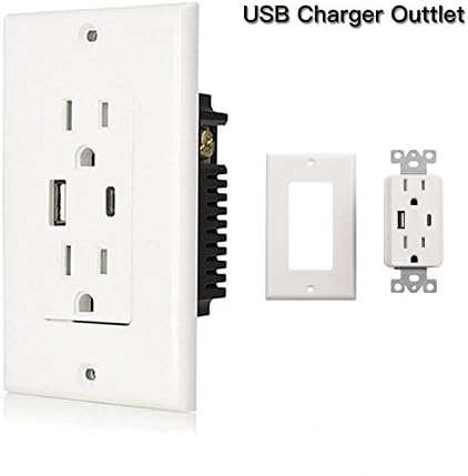Wall Outlet with USB Type-c Charger Outlet USB 2.0 Receptacle USB Wall Plug 15A Tamper-Resistant Duplex Receptacle Wall Plates Included White