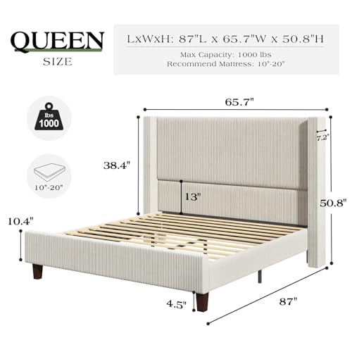 Jocisland Queen Size Upholstered Platform Bed Frame, 50.8" Corduroy Bed Frame with Wingback Headboard Vertical Tufted, Solid Wood Legs, No Box Spring Needed, Beige