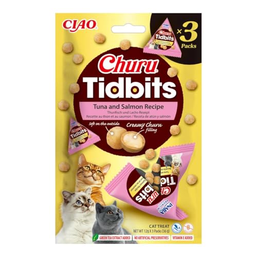 Churu Tidbits by INABA: Tuna and Salmon Recipe (3 x 12g) / Soft & Chewy Churu Filled, Baked Cat Treats with Taurine & Green Tea Extract, Delicious & Healthy Snack, Training Treat, Natural, Grain Free