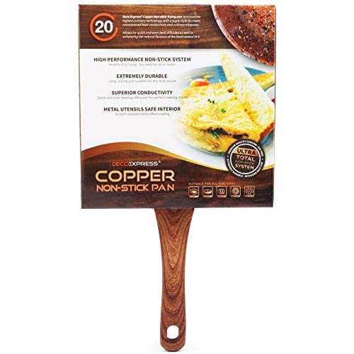 Copper Non Stick Frying Pan with Premium High Performance Stone Coating Bakelite Wood Effect Handle & FREE Stand Alone Lid 28cm | Perfect Healthy Dry Frying