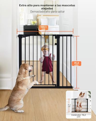 COMOMY Dog Gate 36" Extra Tall, 75-103cm Large Width Baby Safety Gate Automatic Closing, Durable Child Safety Barrier for Stairs, Pressure Mounted, Black